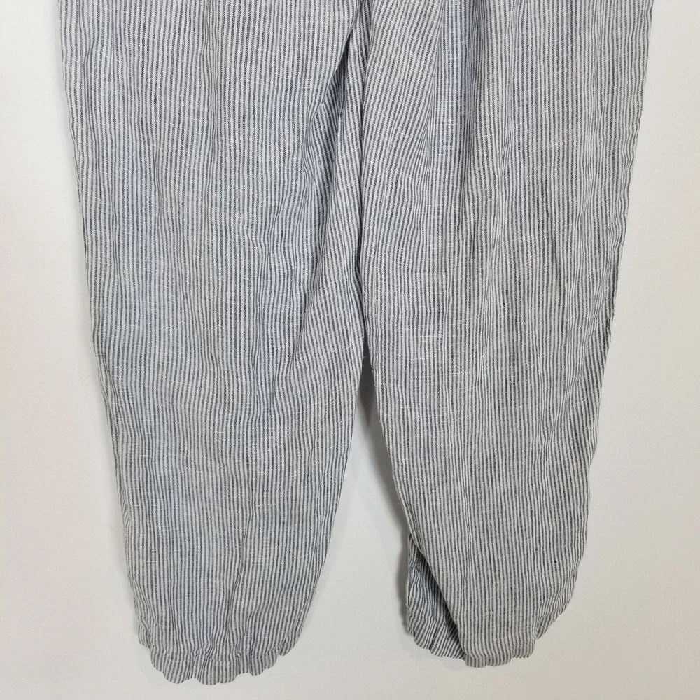 Quince‎ Women Linen Striped Pants Sz XS Blue White Elastic Waist Cropped Boho